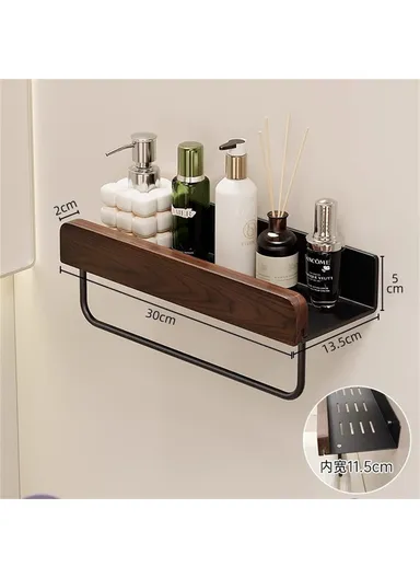 30cm Wood Bathroom Storage Shelf with Towel Bar Wall Mounted Washroom Organizer Punching Free - Black