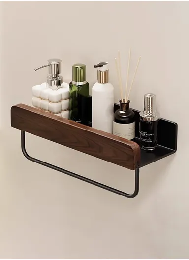 30cm Wood Bathroom Storage Shelf with Towel Bar Wall Mounted Washroom Organizer Punching Free - Black