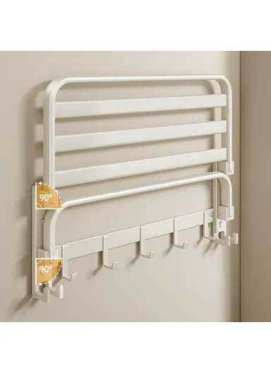 50cm Metal Towel Rack Bathroom Wall Mounted Storage Shelf No Punching Folding Hanger with Hooks