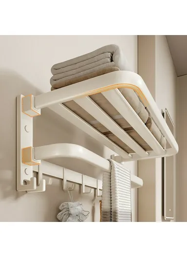 50cm Metal Towel Rack Bathroom Wall Mounted Storage Shelf No Punching Folding Hanger with Hooks