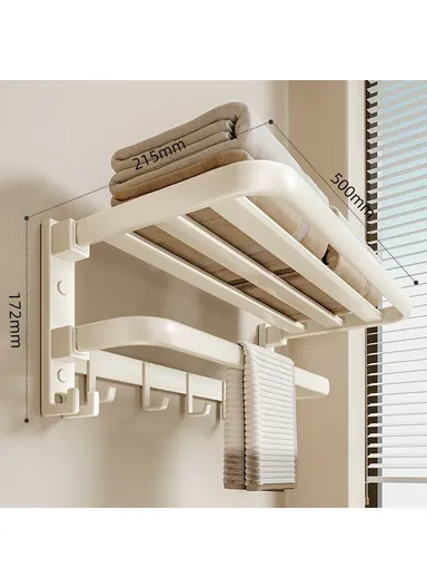 50cm Metal Towel Rack Bathroom Wall Mounted Storage Shelf No Punching Folding Hanger with Hooks