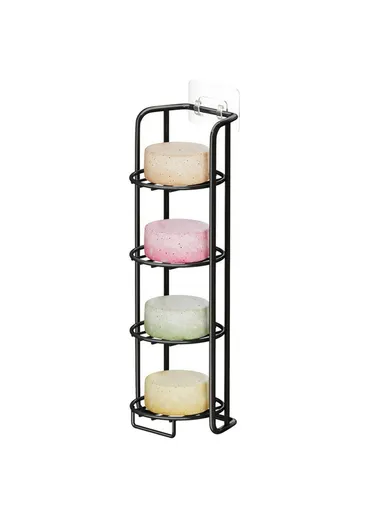 Wall Mounted Soap Holder 4-Tier Bathroom Storage Rack Organizer Stainless Steel Shower Caddy - Black / No Bamboo Mat