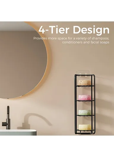 Wall Mounted Soap Holder 4-Tier Bathroom Storage Rack Organizer Stainless Steel Shower Caddy - Black / No Bamboo Mat