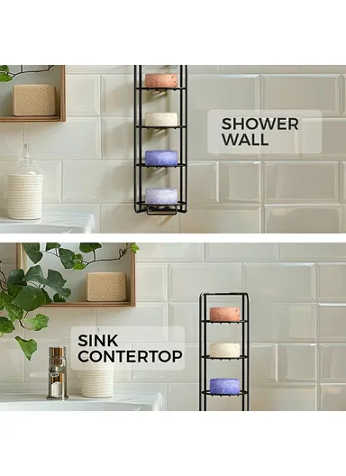 Wall Mounted Soap Holder 4-Tier Bathroom Storage Rack Organizer Stainless Steel Shower Caddy - Black / No Bamboo Mat