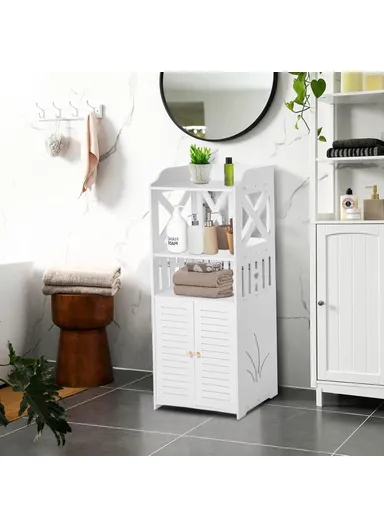 92x40x25cm Bathroom Storage Cabinet Multi-Tier Wood-Plastic Board Floor Standing Side Cabinet Organizer with Doors