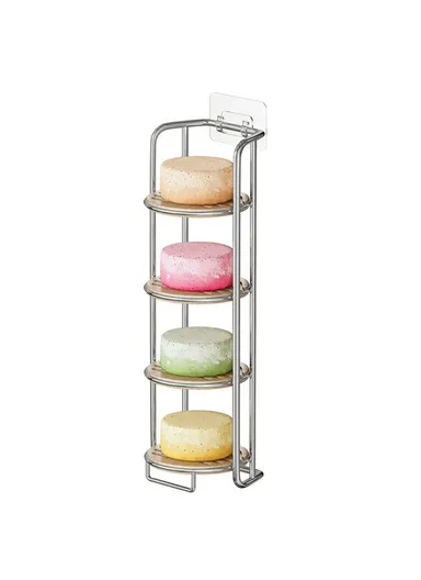 Wall Mounted Soap Holder 4-Tier Bathroom Organizer Rack Stainless Steel Shower Caddy - Silver / With Bamboo Mat