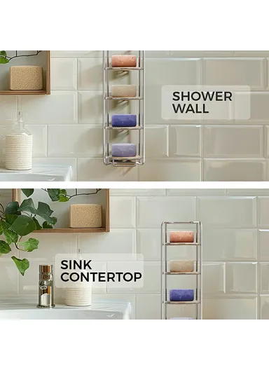 Wall Mounted Soap Holder 4-Tier Bathroom Organizer Rack Stainless Steel Shower Caddy - Silver / With Bamboo Mat