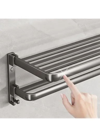60cm Folding Wall Mounted Towel Holder Bathroom Metal Storage Rack Punching Free for Washroom / Toilet