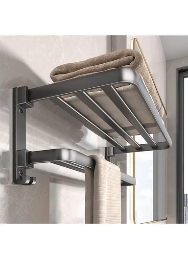 60cm Folding Wall Mounted Towel Holder Bathroom Metal Storage Rack Punching Free for Washroom / Toilet