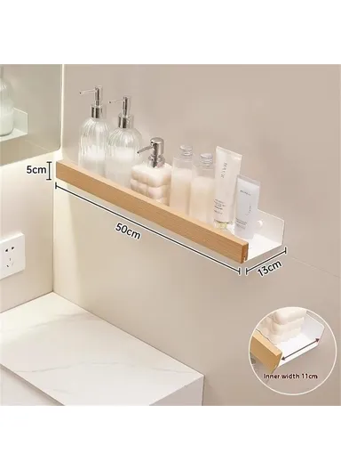 Wood Bathroom Storage Shelf 50cm Wall Mounted Organizer Rack No Punching Washroom Holder - White