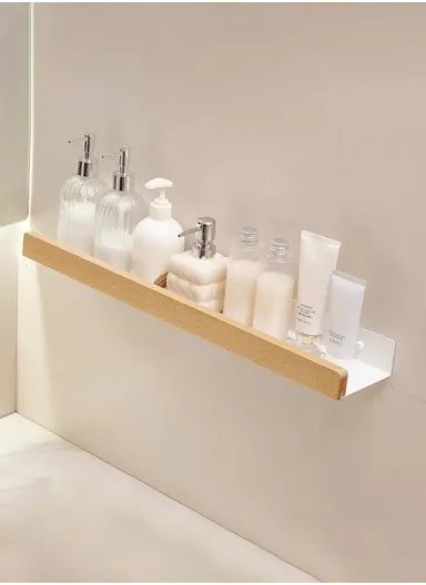 Wood Bathroom Storage Shelf 50cm Wall Mounted Organizer Rack No Punching Washroom Holder - White