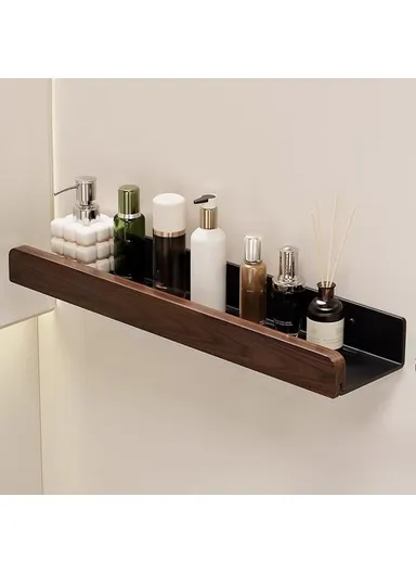 Wood Bathroom Storage Shelf 50cm Wall Mounted Organizer Rack No Punching Washroom Holder - Black