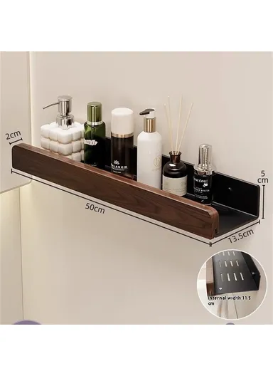 Wood Bathroom Storage Shelf 50cm Wall Mounted Organizer Rack No Punching Washroom Holder - Black