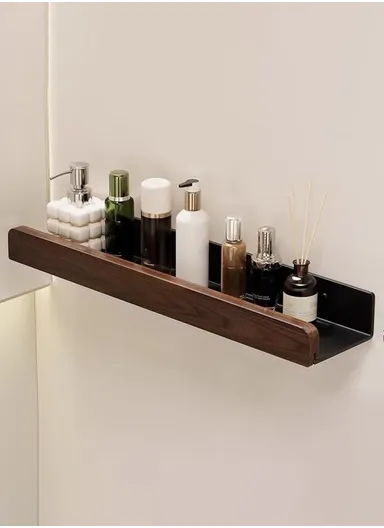 Wood Bathroom Storage Shelf 50cm Wall Mounted Organizer Rack No Punching Washroom Holder - Black