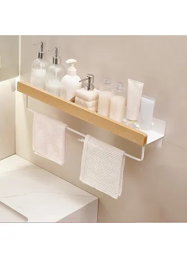 60cm Wood Bathroom Storage Shelf with Towel Bar Wall Mounted Washroom Organizer Punching Free - White