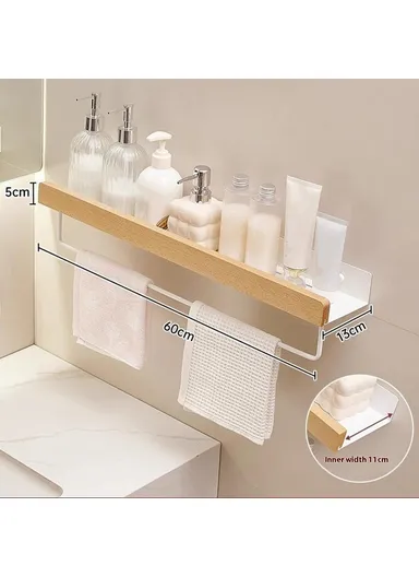 60cm Wood Bathroom Storage Shelf with Towel Bar Wall Mounted Washroom Organizer Punching Free - White