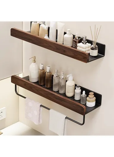 60cm Wood Bathroom Storage Shelf with Towel Bar Wall Mounted Washroom Organizer Punching Free - White