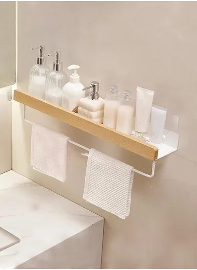 60cm Wood Bathroom Storage Shelf with Towel Bar Wall Mounted Washroom Organizer Punching Free - White