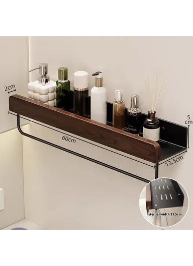 60cm Wood Bathroom Storage Shelf with Towel Bar Wall Mounted Washroom Organizer Punching Free - Black