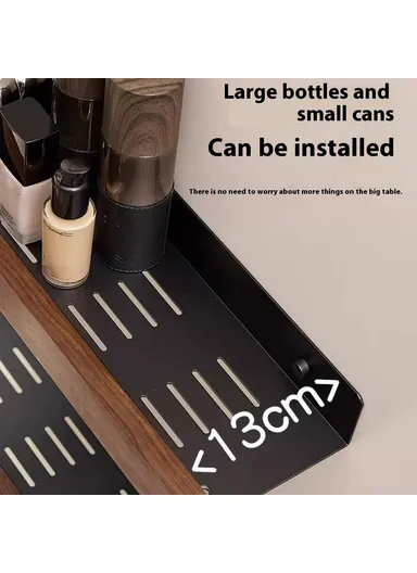 60cm Wood Bathroom Storage Shelf with Towel Bar Wall Mounted Washroom Organizer Punching Free - Black