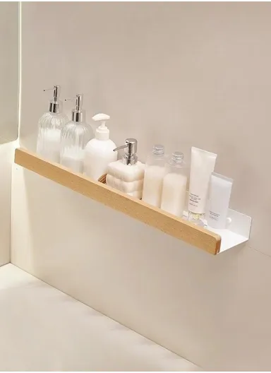 Wood Bathroom Storage Shelf 40cm Wall Mounted Organizer Rack No Punching Washroom Holder - White