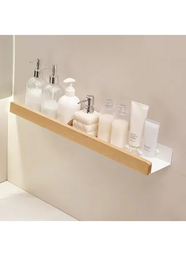 Wood Bathroom Storage Shelf 40cm Wall Mounted Organizer Rack No Punching Washroom Holder - White
