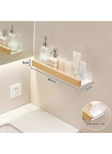 Wood Bathroom Storage Shelf 40cm Wall Mounted Organizer Rack No Punching Washroom Holder - White