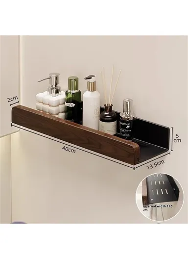 Wood Bathroom Storage Shelf 40cm Wall Mounted Organizer Rack No Punching Washroom Holder - Black