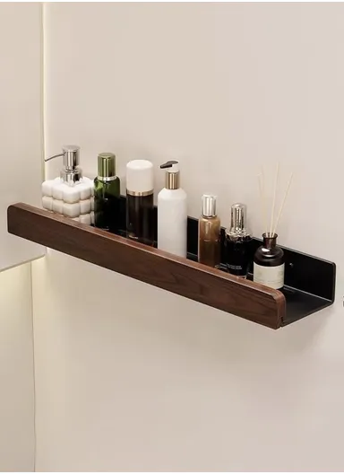Wood Bathroom Storage Shelf 40cm Wall Mounted Organizer Rack No Punching Washroom Holder - Black