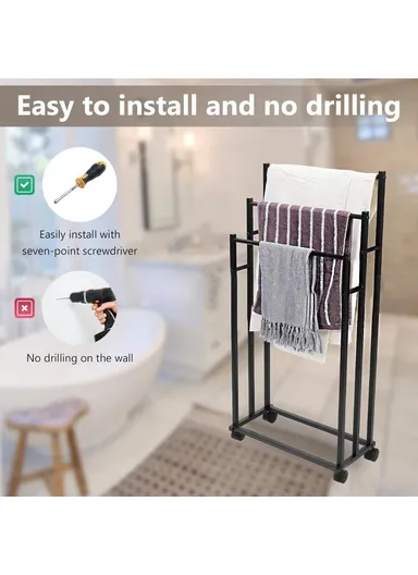 Carbon Steel Movable Towel Hanging Rack Storage Shelf Floor Standing Bathroom Towel Organizer