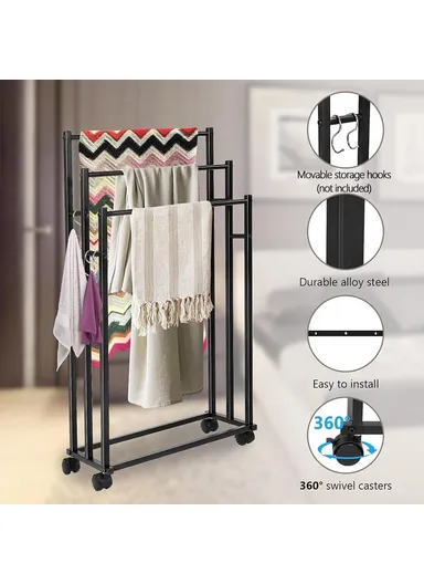 Carbon Steel Movable Towel Hanging Rack Storage Shelf Floor Standing Bathroom Towel Organizer