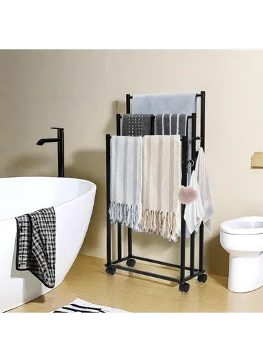 Carbon Steel Movable Towel Hanging Rack Storage Shelf Floor Standing Bathroom Towel Organizer