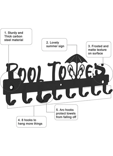 Wall Mounted Towel Rack 8 Hooks Hanger for Bathroom Pool Shower Clothes Key Holder Storage Organizer