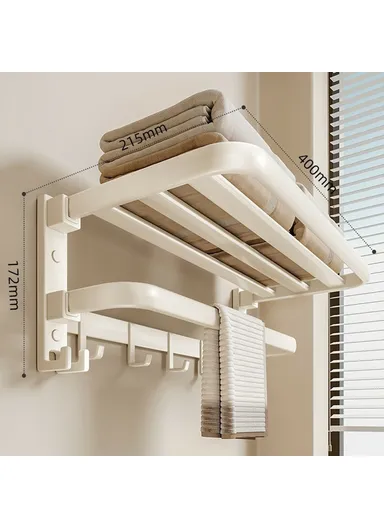 40cm Metal Towel Rack Bathroom Wall Mounted Storage Shelf No Punching Folding Hanger with Hooks