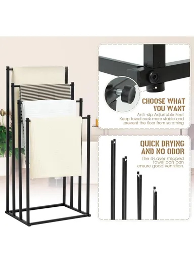 Standing Towel Rack Carbon Steel 4 Tier Hanging Rail Bathroom Balcony Storage Organizer