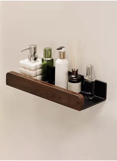 Wood Bathroom Storage Shelf 30cm Wall Mounted Organizer Rack No Punching Washroom Holder - Black