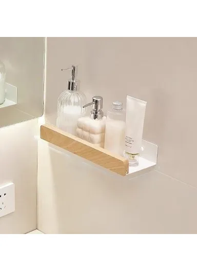 Wood Bathroom Storage Shelf 30cm Wall Mounted Organizer Rack No Punching Washroom Holder - White
