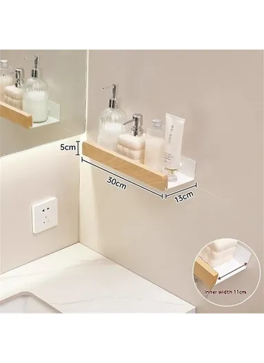 Wood Bathroom Storage Shelf 30cm Wall Mounted Organizer Rack No Punching Washroom Holder - White