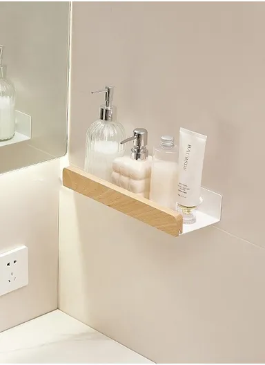 Wood Bathroom Storage Shelf 30cm Wall Mounted Organizer Rack No Punching Washroom Holder - White