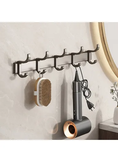 Metal Bathroom Towel Holder 5 Hooks Wall Mounted No Drilling Adhesive Hanger for Kitchen / Bedroom / Office