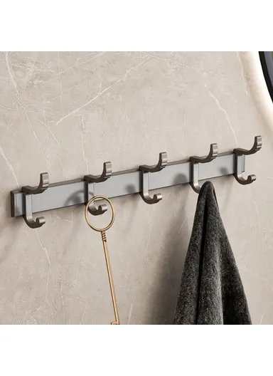 Metal Bathroom Towel Holder 5 Hooks Wall Mounted No Drilling Adhesive Hanger for Kitchen / Bedroom / Office