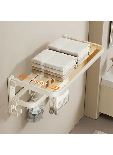60cm Metal Towel Rack Bathroom Wall Mounted Storage Shelf No Punching Folding Hanger with Hooks