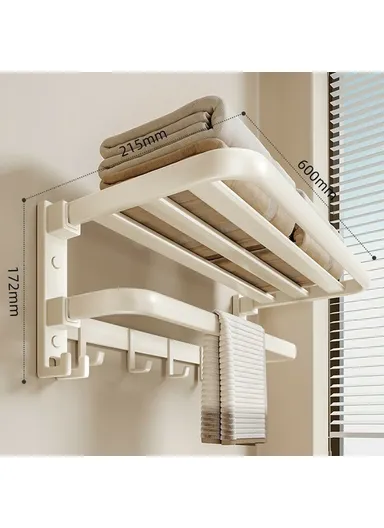 60cm Metal Towel Rack Bathroom Wall Mounted Storage Shelf No Punching Folding Hanger with Hooks