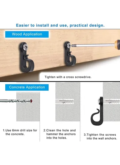 10-Pack Outdoor Hanging Plant Hooks for String Lights - Heavy-Duty Screw-In Expansion Anchors - Black