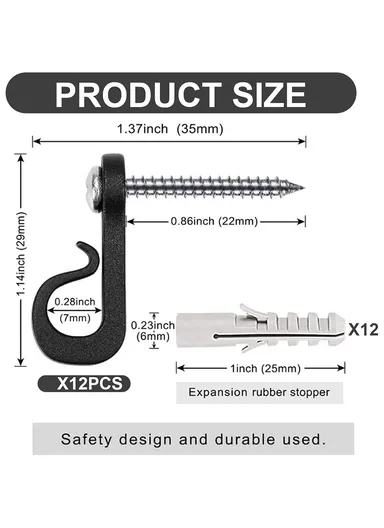 10-Pack Outdoor Hanging Plant Hooks for String Lights - Heavy-Duty Screw-In Expansion Anchors - Black