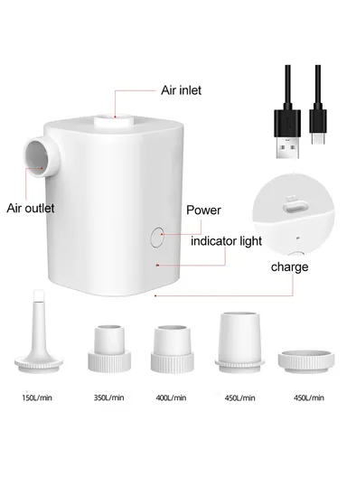 Portable Air Pump Multifunctional Quick Inflate Wireless Electric Pump for Air Mattress, Pool Toys, Swimming Ring - White