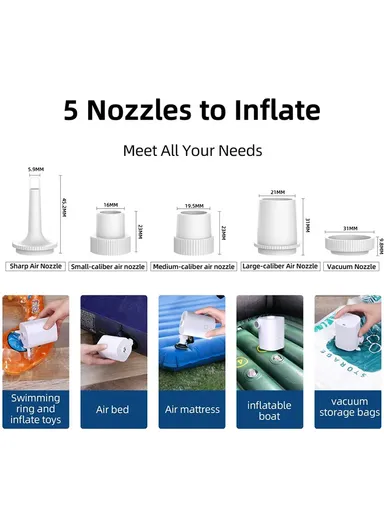 Portable Air Pump Multifunctional Quick Inflate Wireless Electric Pump for Air Mattress, Pool Toys, Swimming Ring - White