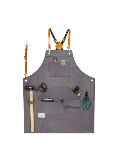 Multi-pockets Apron Waterproof Canvas Apron for Heavy Duty Woodworking Gardening, Brown Leather Strap D001 - Grey
