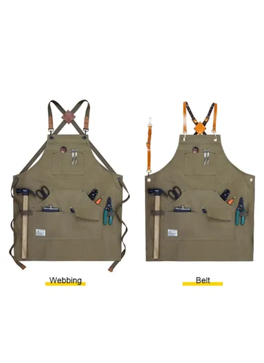 Multi-pockets Apron Waterproof Canvas Apron for Heavy Duty Woodworking Gardening, Brown Leather Strap D001 - Grey