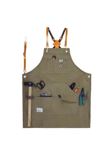 Multi-pockets Apron Waterproof Canvas Apron for Heavy Duty Woodworking Gardening, Brown Leather Strap D001 - Army Green